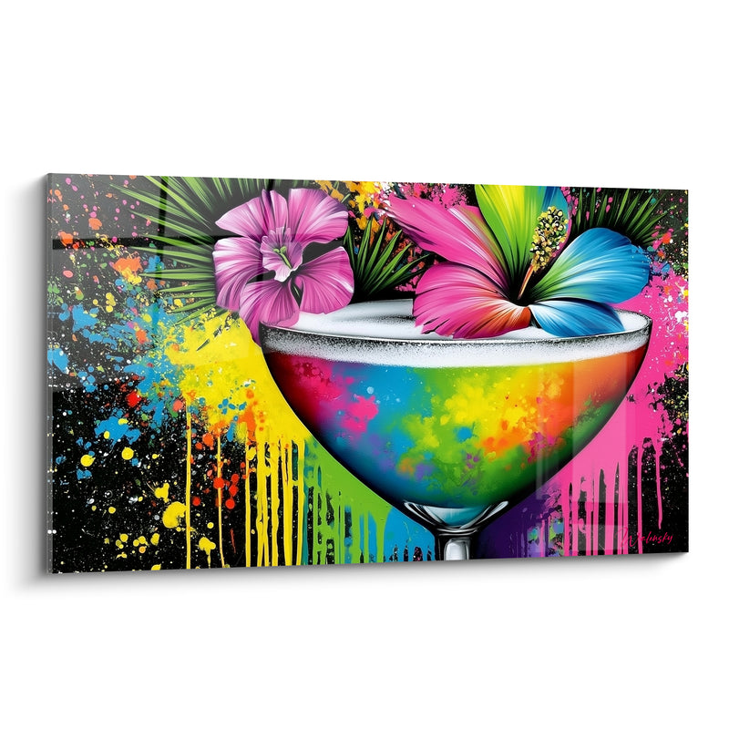 Tableau Verre à cocktail fleurs roses et bleues - Fête tropicale éclatante - Edition Cocktail