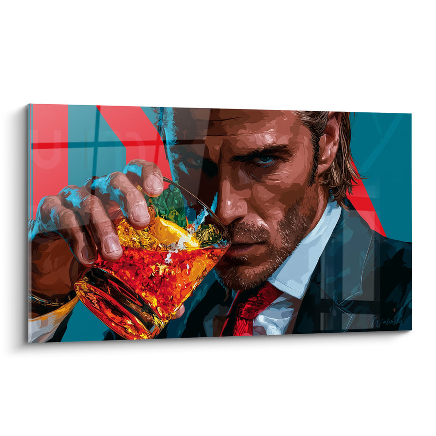 Tableau Homme costumé au verre orangé et bleu - Regard sous néons - Edition Cocktail