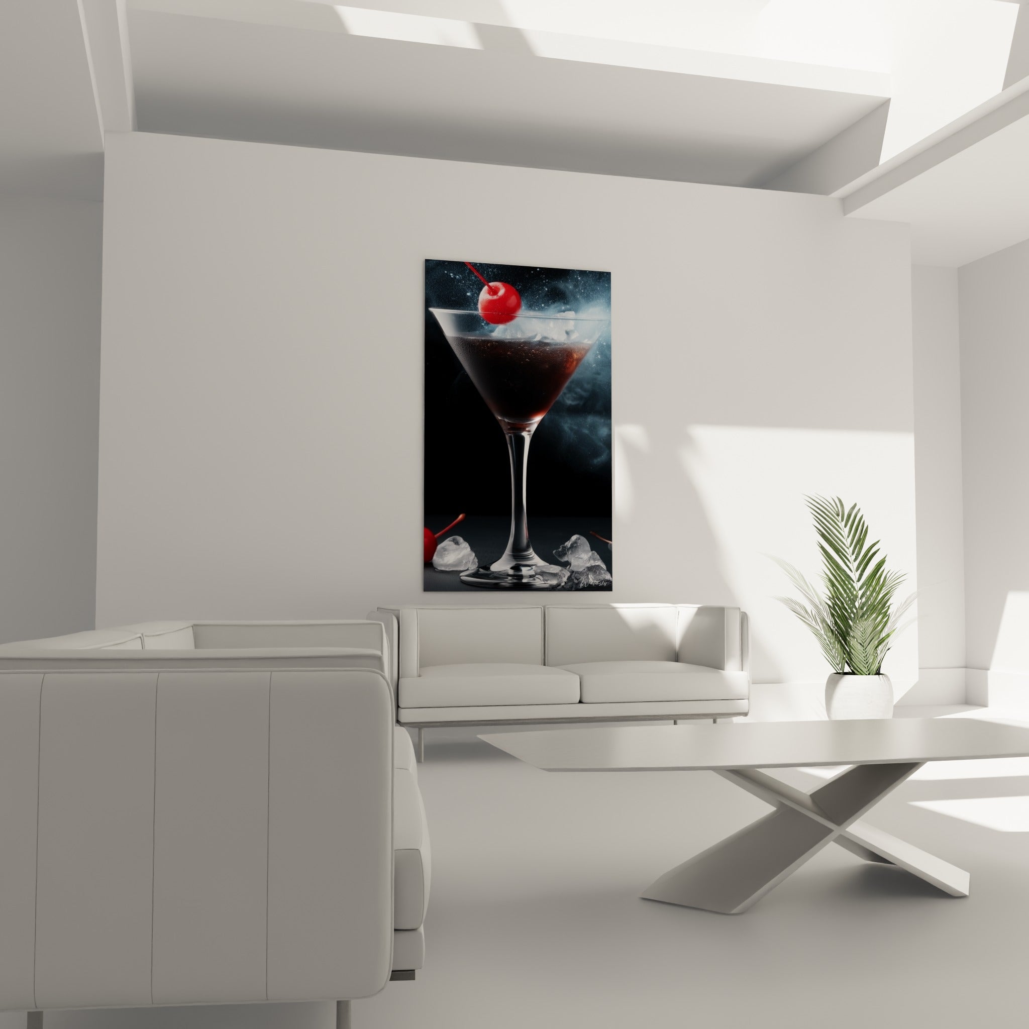 Cocktail givré aux tons anthracite et rouge cerise au-dessus d'un canapé dans un salon lumineux
