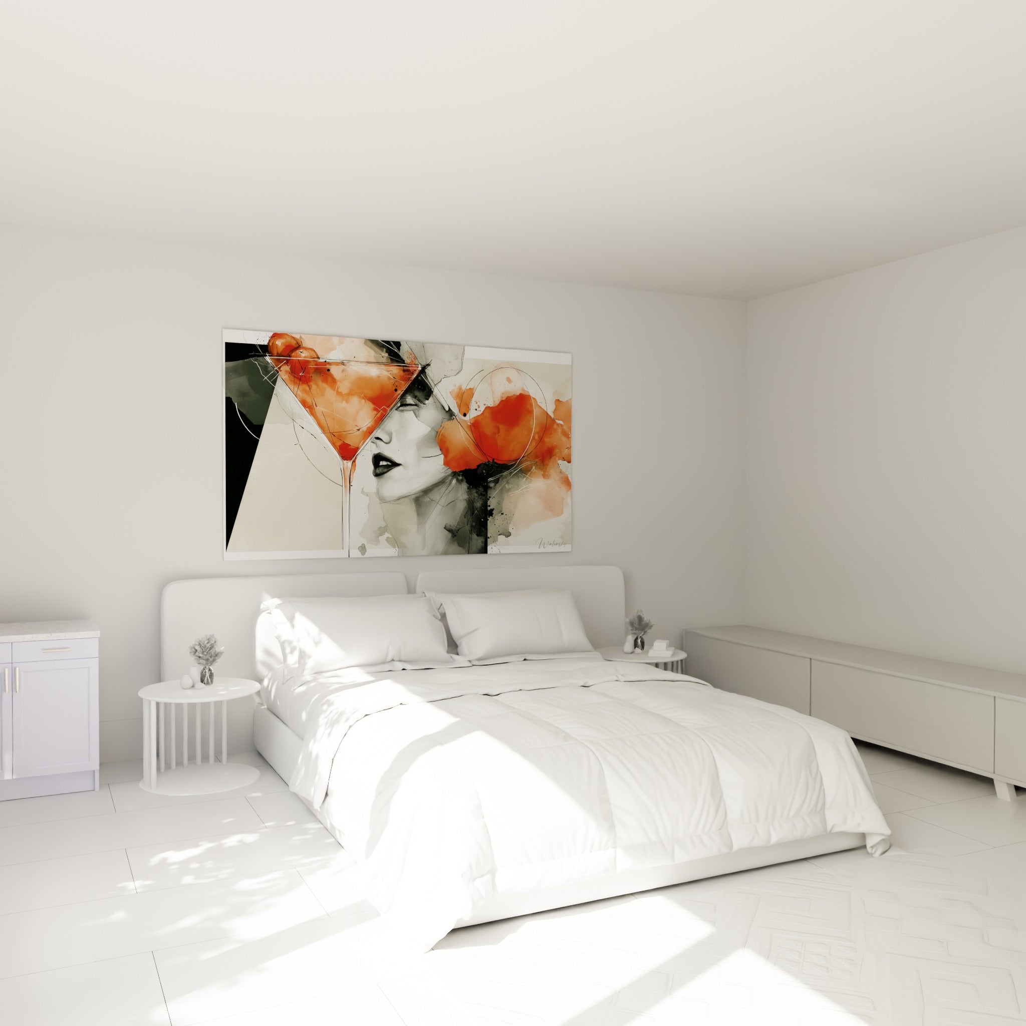 Verre à martini orange et visage esquissé anthracite au-dessus d'un lit dans une chambre claire