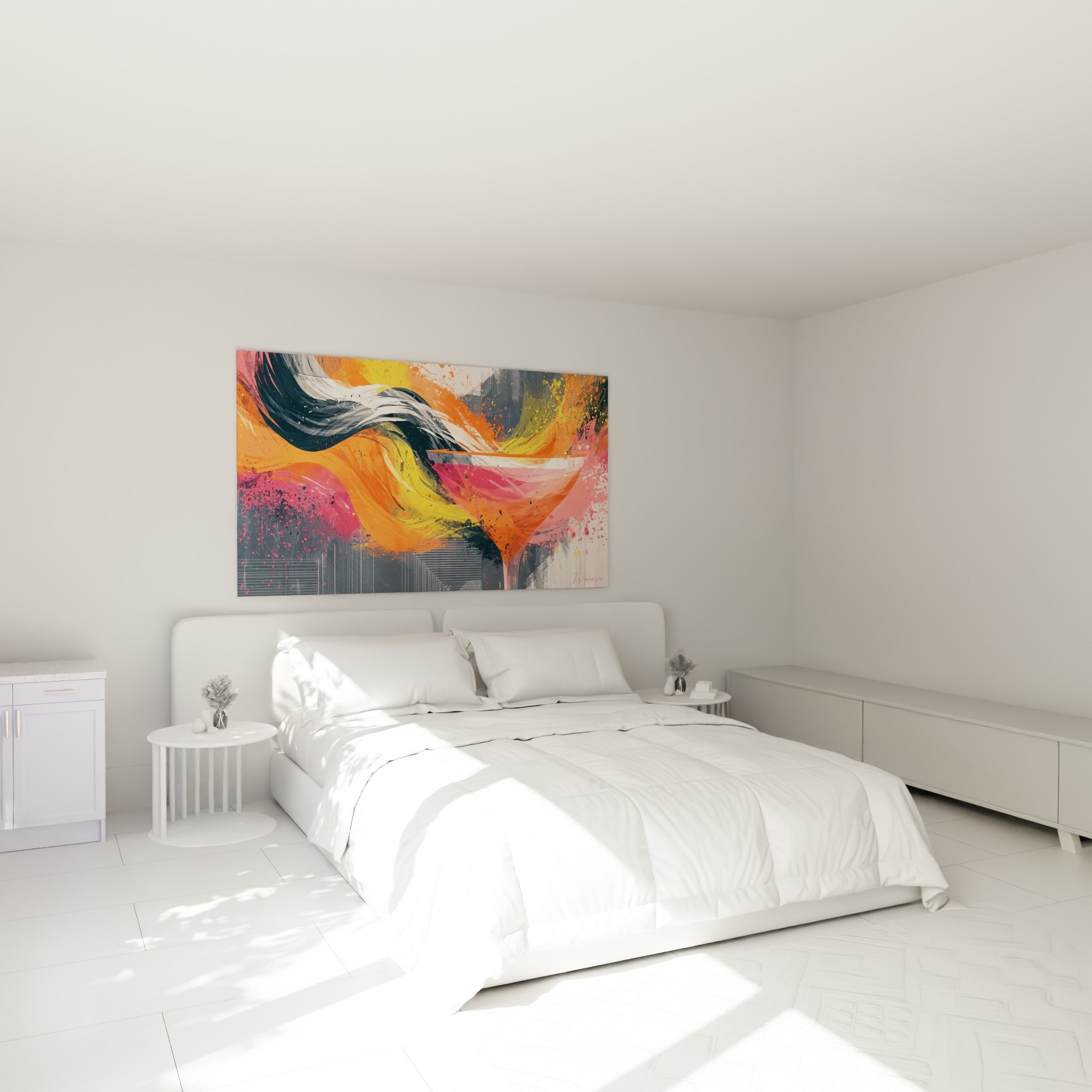 Silhouette de cocktail orange et rose vif accrochée au-dessus d'un lit dans une chambre claire
