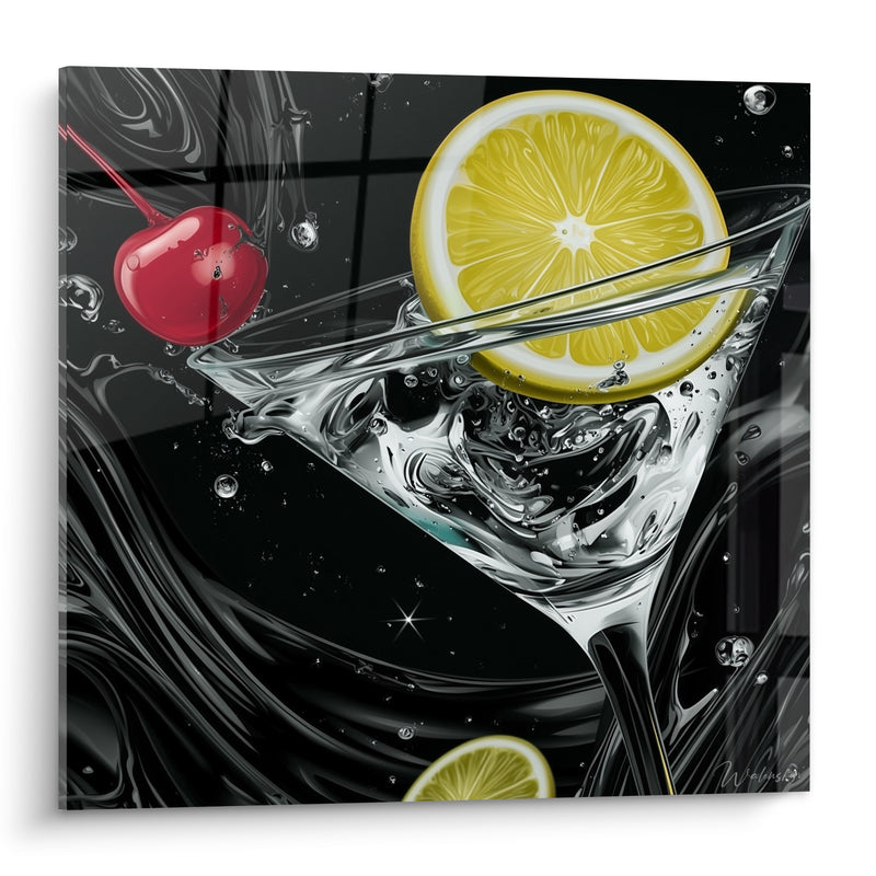 Tableau Verre à martini noir et jaune citron géant - Cerise rouge suspendue - Edition Cocktail
