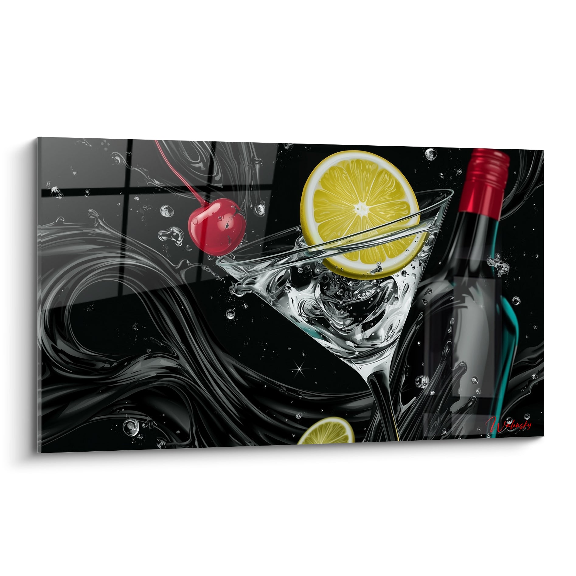 Verre à martini noir et jaune citron avec cerise rouge suspendue en pleine éclaboussure