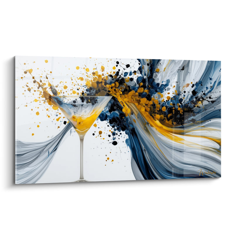 Tableau Verre à martini jaune et bleu tourbillonnant - Oiseau perché discret - Edition Cocktail