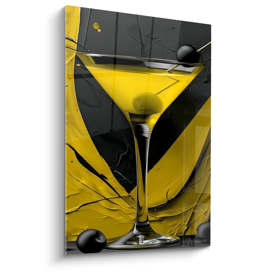 Yellow and Black Martini Glass Painting with Suspended Olives - Cracked Painted Texture - Cocktail Edition