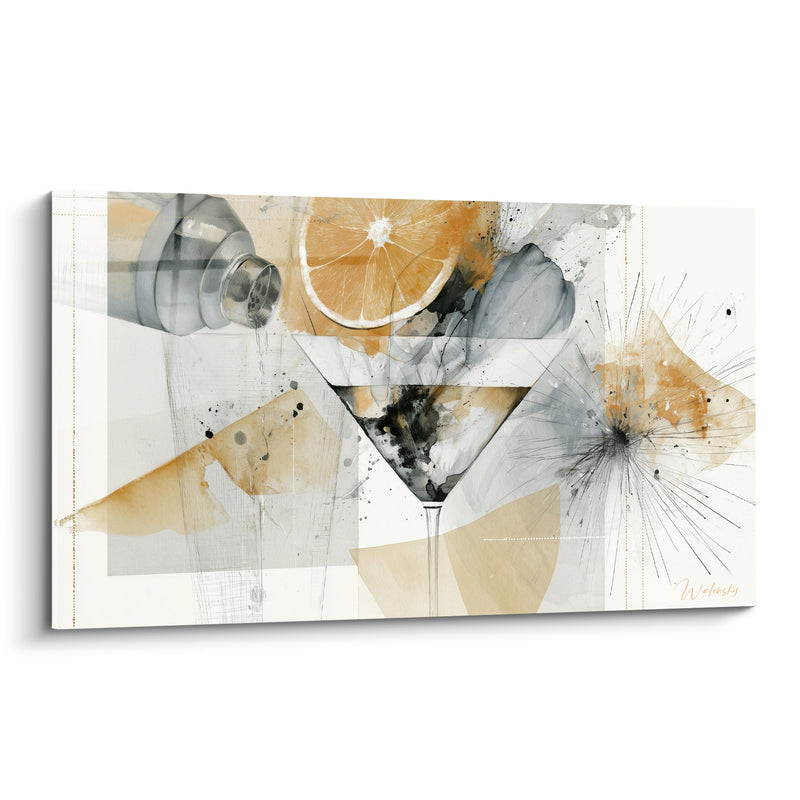 Tableau Verre à martini ocre et anthracite éclaboussé - Instant suspendu au bar - Edition Cocktail