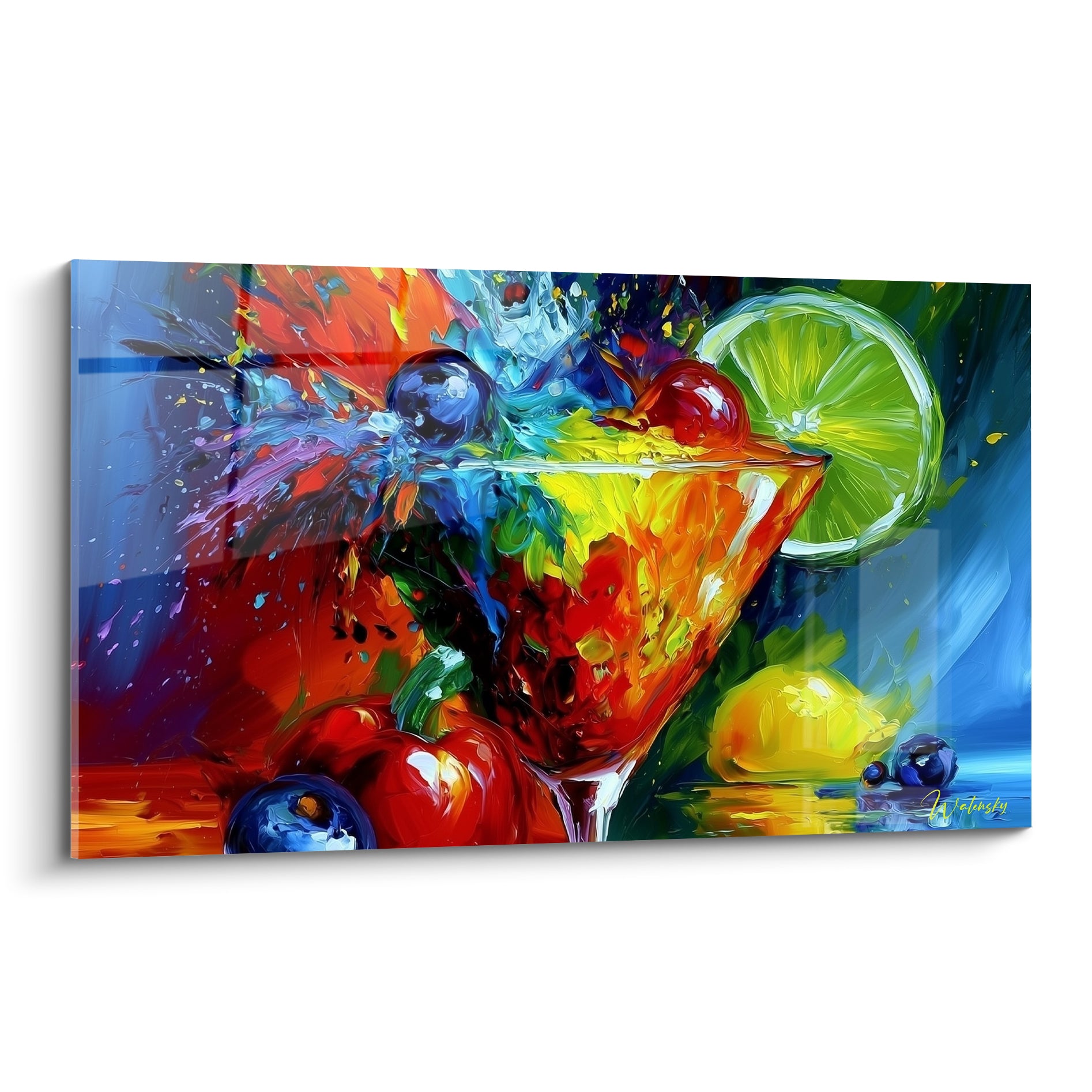 Verre à martini orangé éclaboussé de bleu marine, cerises et citron vert peints