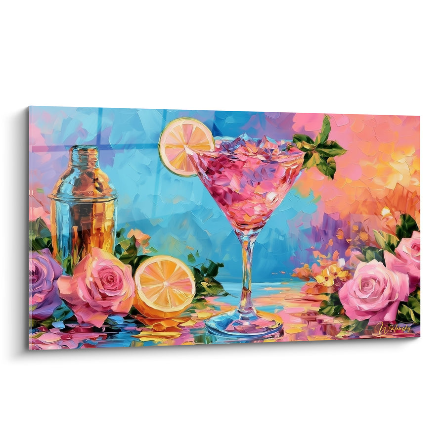 Tableau Verre à martini rose et bleu turquoise - Douceur estivale - Edition Cocktail