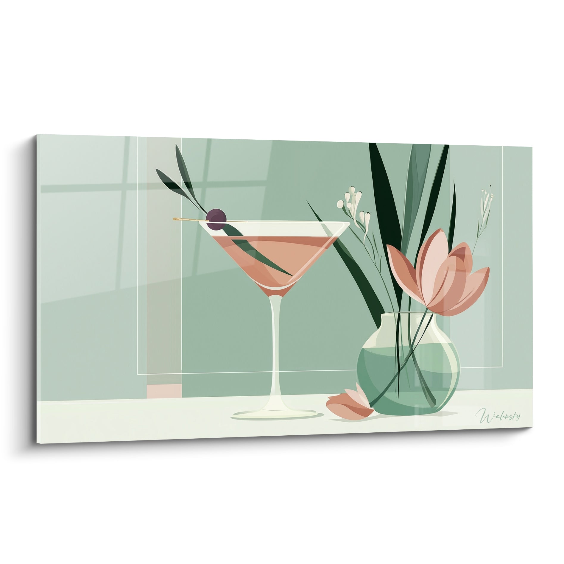 Verre à martini rose poudré et vase vert émeraude fleuri sur fond vert sauge graphique