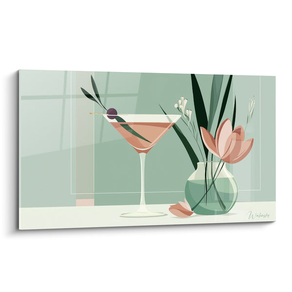 Pink and Pale Green Martini Glass with Olive Artwork - Round Vase with Pink Flower - Cocktail Edition