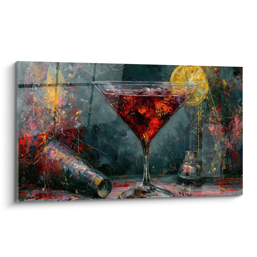 Tableau Verre à martini rouge et jaune renversé - Shaker couché argenté - Edition Cocktail