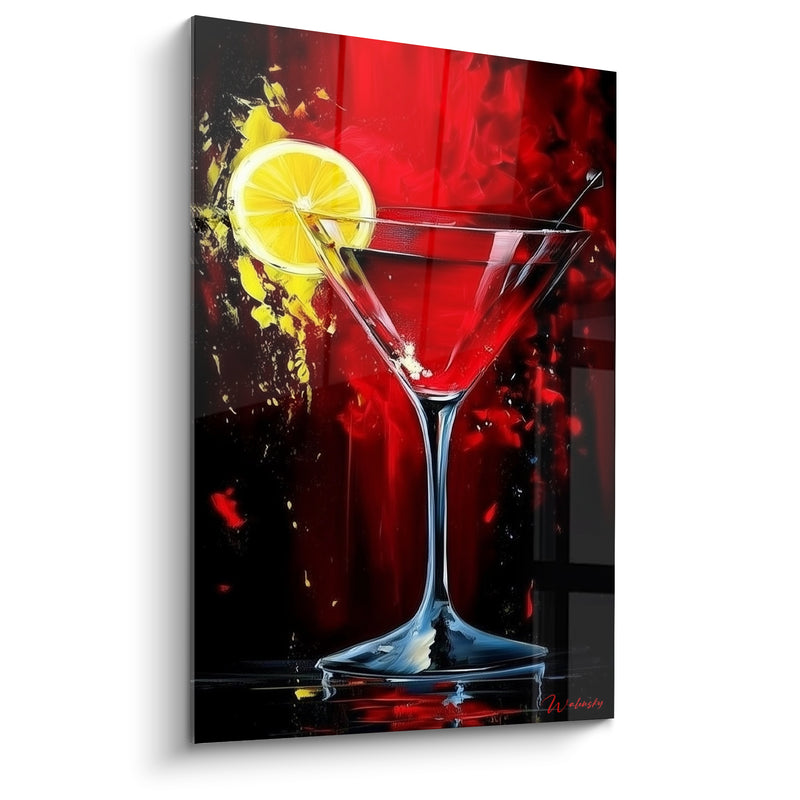 Tableau Verre à martini rouge et jaune citron entier - Rideau écarlate en fond - Edition Cocktail