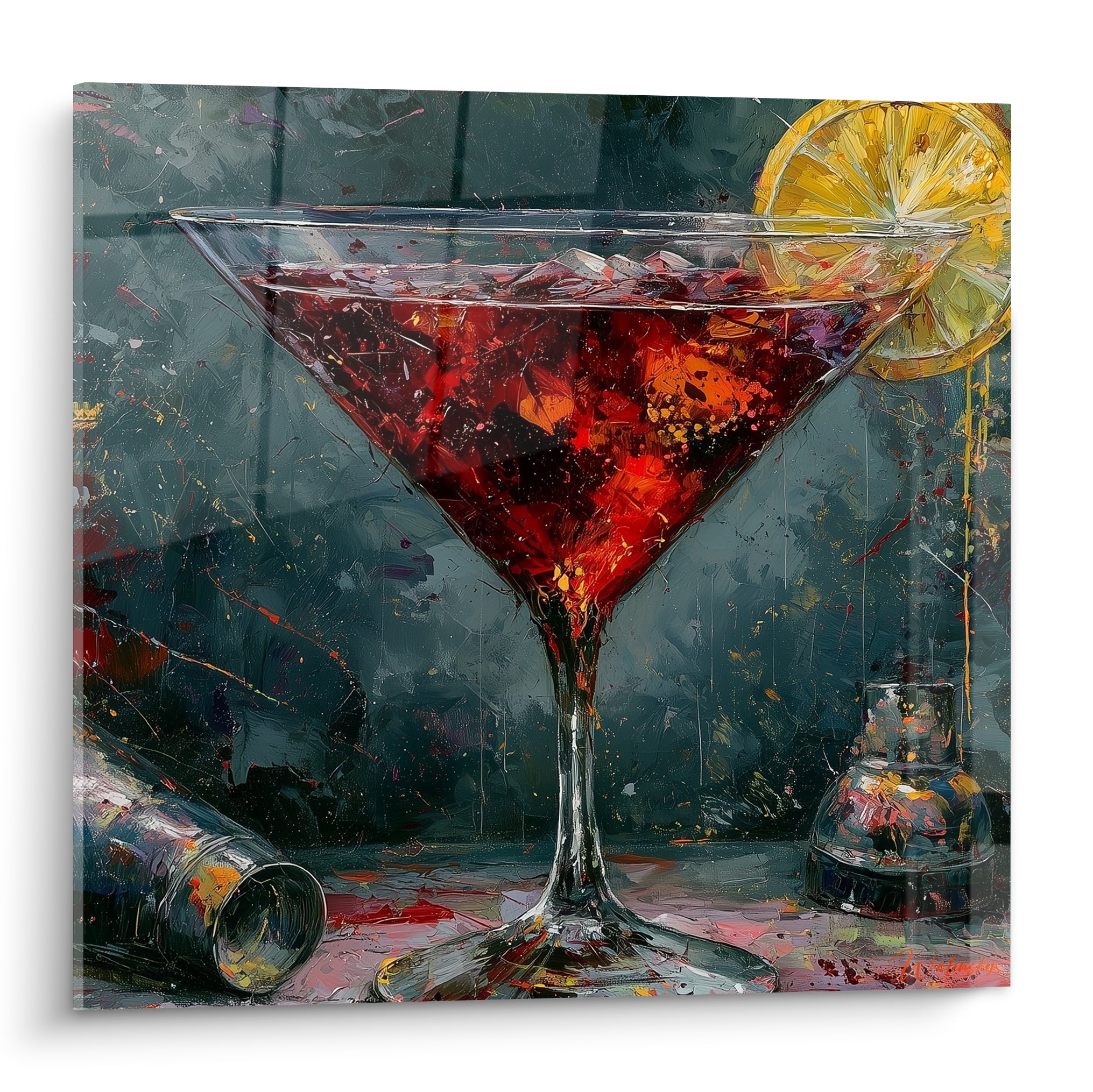 Martini rouge grenat et rondelle de citron doré peints en toile façon esquissée sur fond anthracite