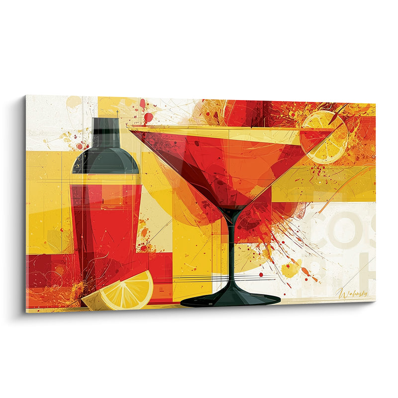 Tableau Verre à martini rouge et jaune éclaboussé - Shaker au quartier de citron - Edition Cocktail