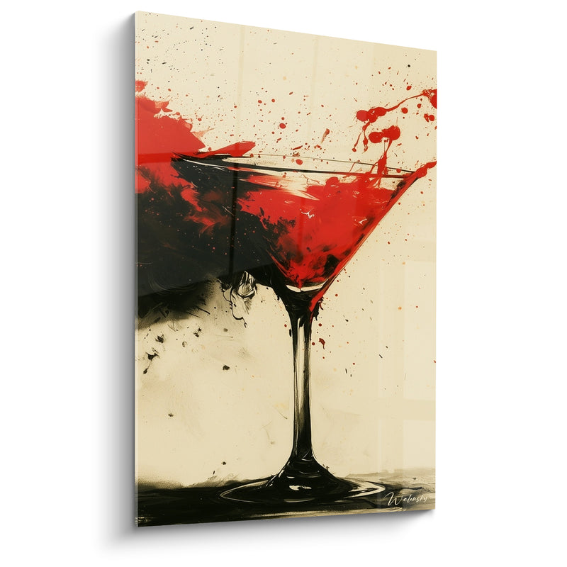 Tableau Verre à martini rouge et noir éclaboussé d'encre - Fond ivoire moucheté - Edition Cocktail