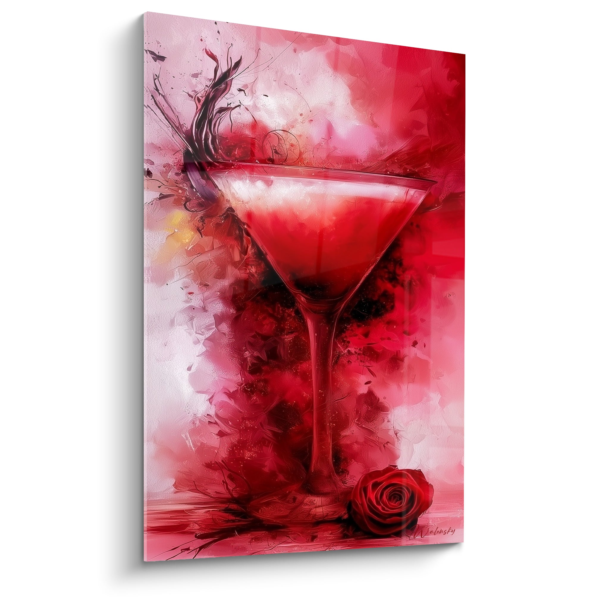 Verre à martini rouge écarlate et rose sombre peint avec éclaboussures noires expressives
