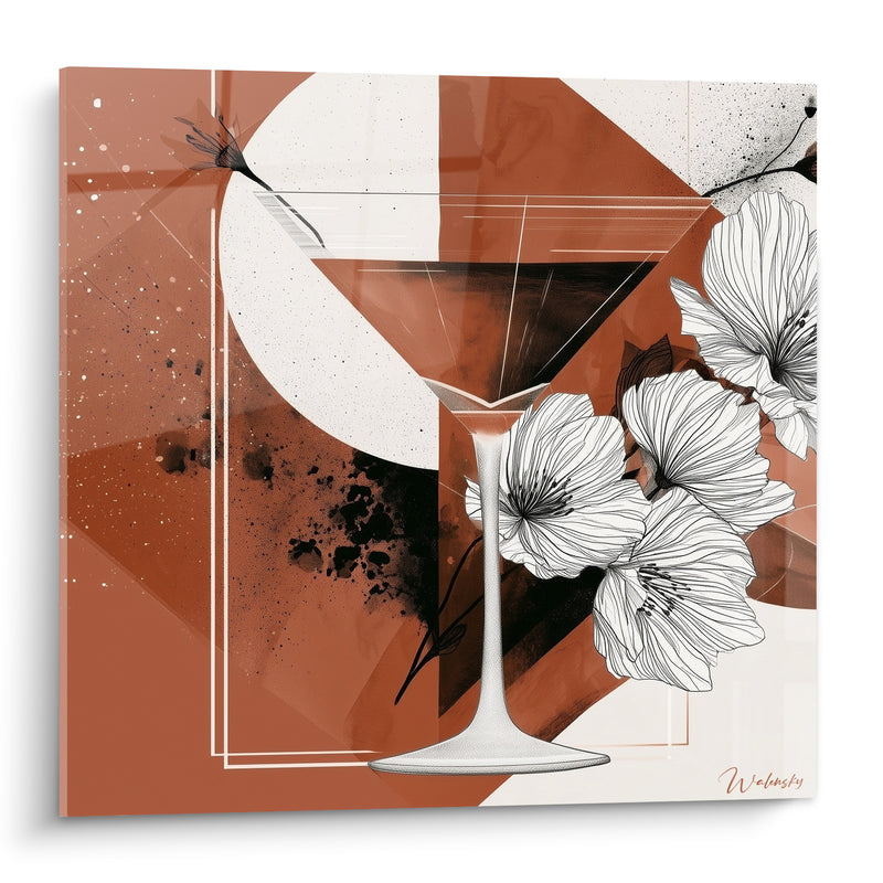 Tableau Verre à martini terracotta aux fleurs graphiques - Apéritif raffiné - Edition Cocktail