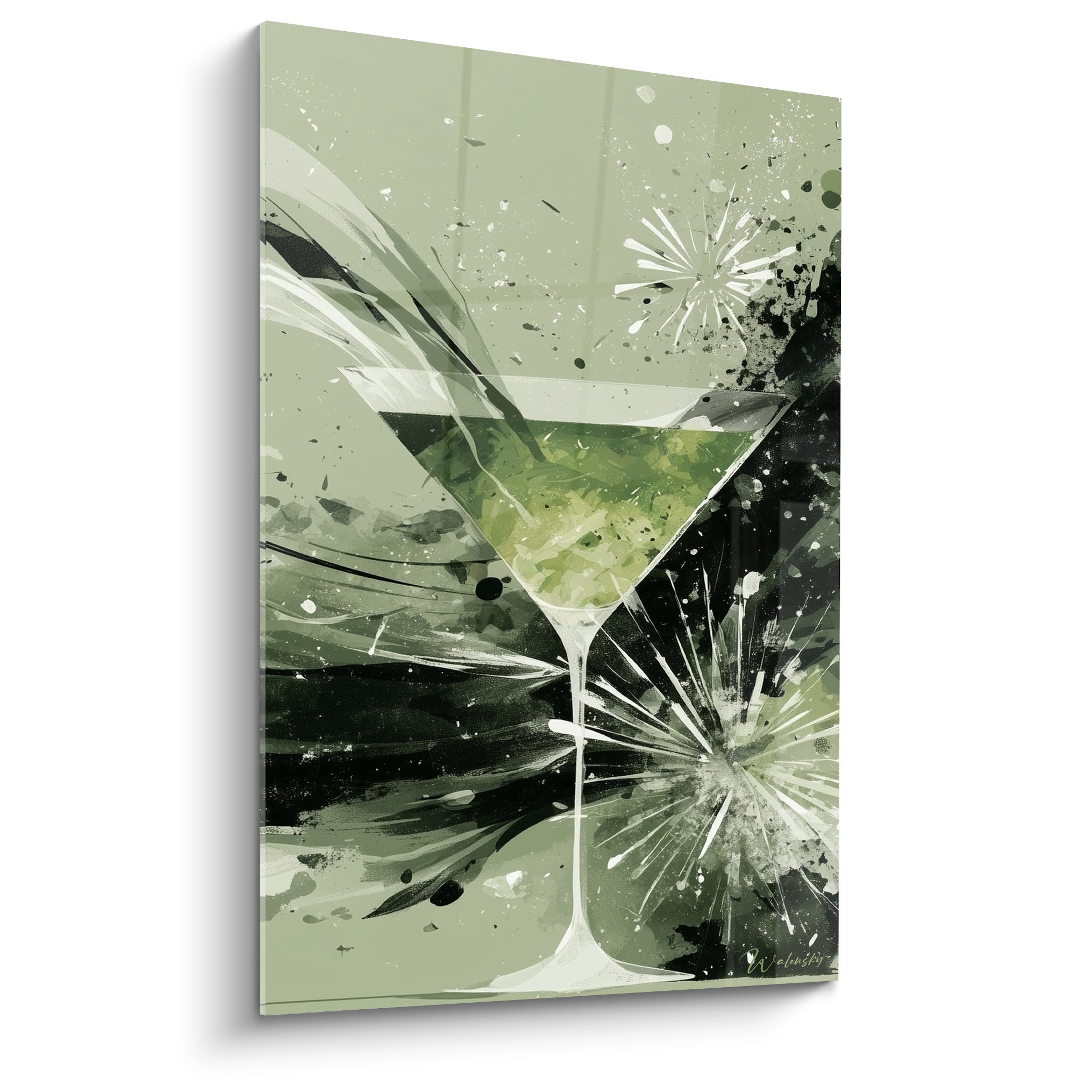 Martini vert olive et anthracite éclaboussé, verre stylisé sur fond sauge graphique