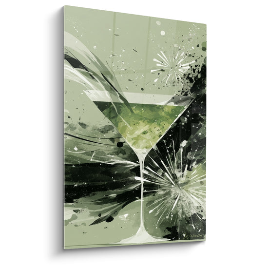 Green and Black Martini Glass Artwork with Ink Splashes - Graphic Explosion in Fan - Cocktail Edition