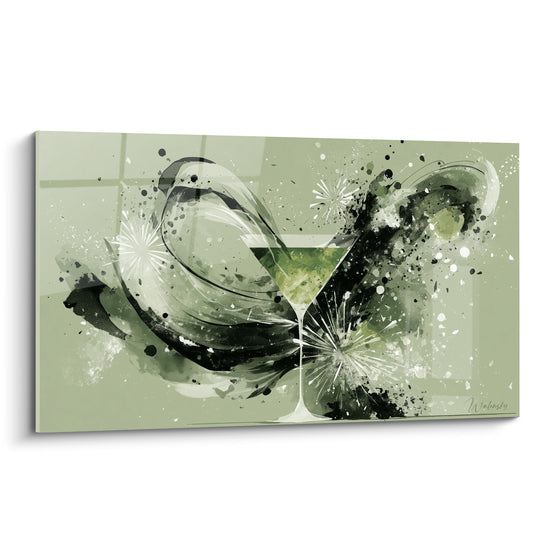 Verre à martini vert sauge cerné d'éclats anthracite et de projections blanches abstraites