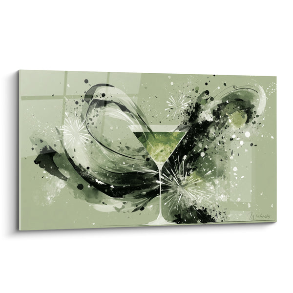 Green and Black Martini Glass with Ink Splashes Artwork - Graphic Floral Explosion - Cocktail Edition