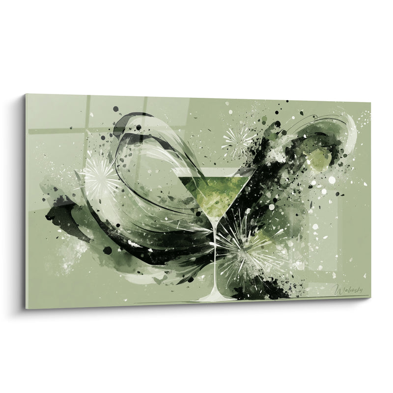 Tableau Verre à martini vert et noir aux éclaboussures d'encre - Explosion graphique florale - Edition Cocktail