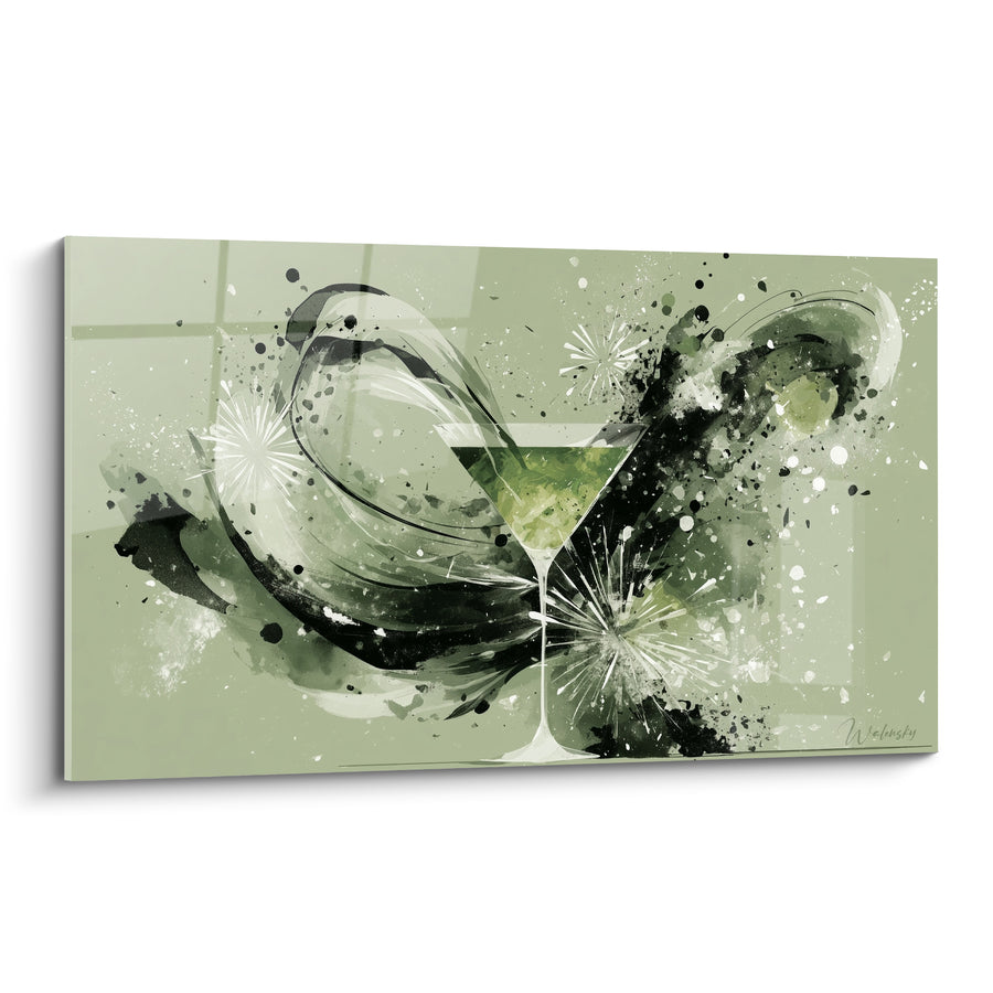 Tableau Verre à martini vert et noir aux éclaboussures d'encre - Explosion graphique florale - Edition Cocktail