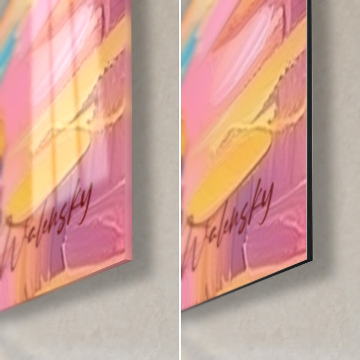 Gemälde Martini Rosé, untere rechte Ecke, Walensky-Signatur in Rosa und Gelb, glänzendes Acryl und mattes blaues Dibond