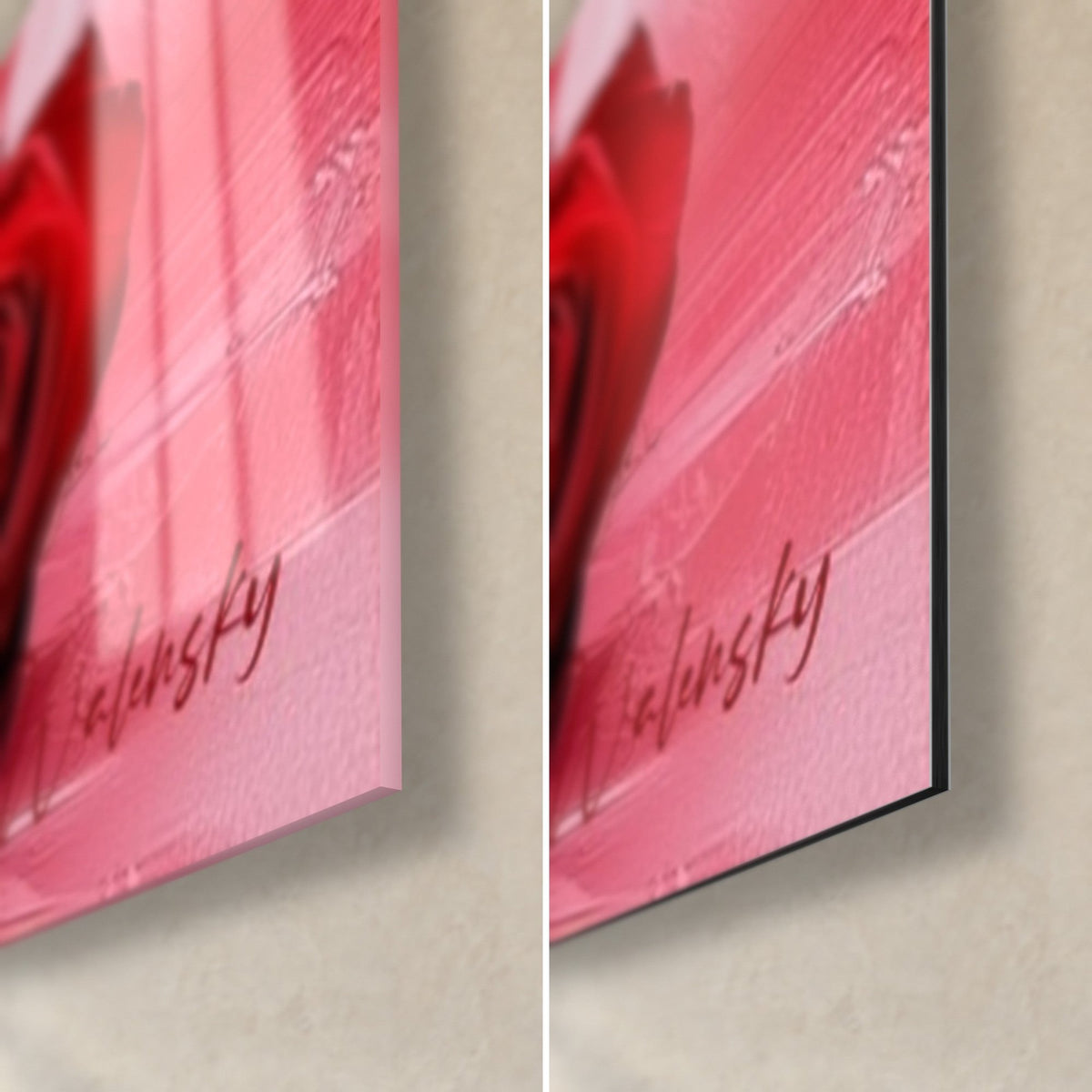 Tableau martini écarlate, coin bas droit : coulées roses et signature, vernis brillant à gauche, Dibond mat à droite