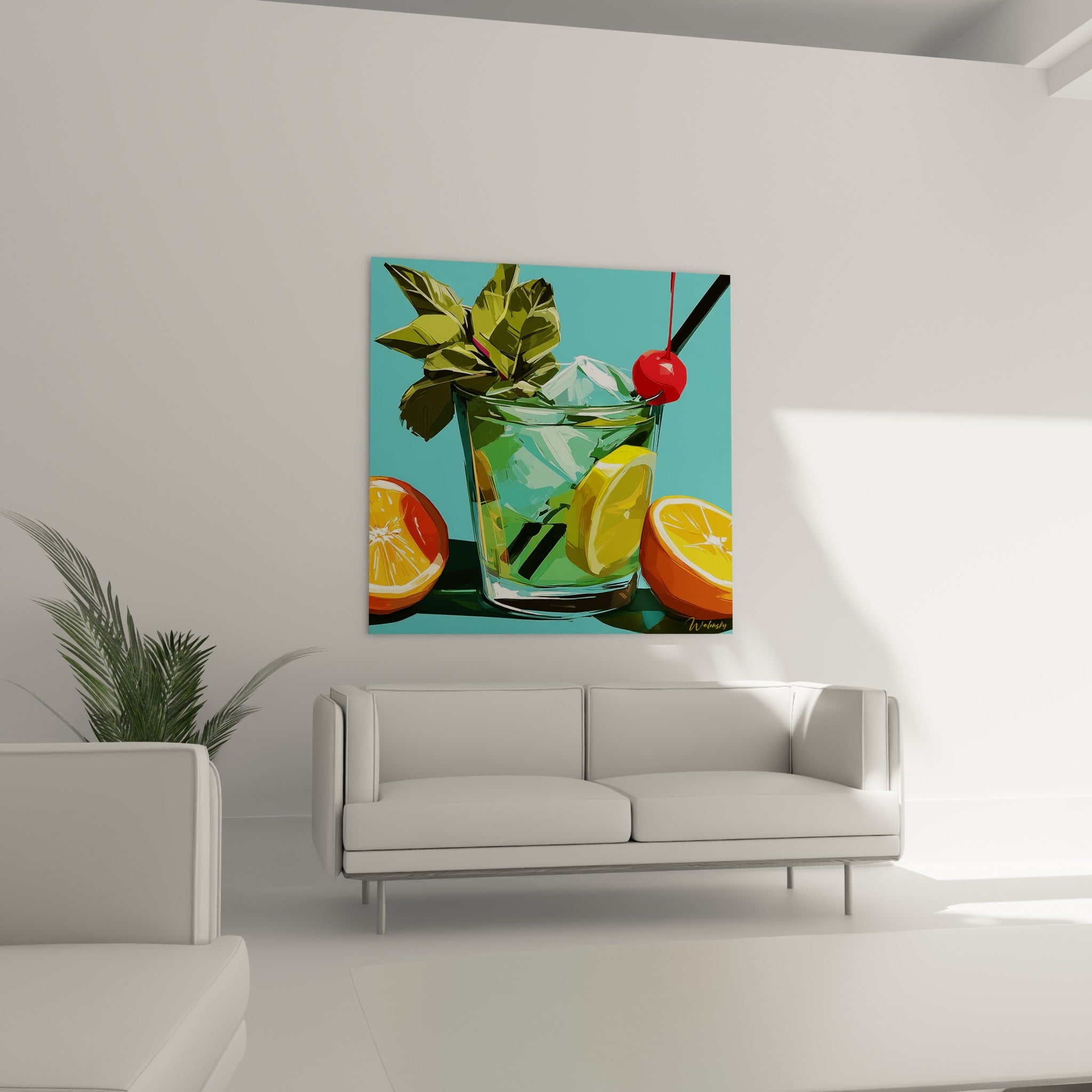 Mojito turquoise garni de cerise rouge et menthe fraîche au-dessus d'un canapé dans un salon lumineux