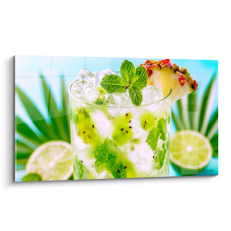 Tableau Verre vert et blanc aux morceaux de kiwi - Quartier d'ananas épicé - Edition Cocktail