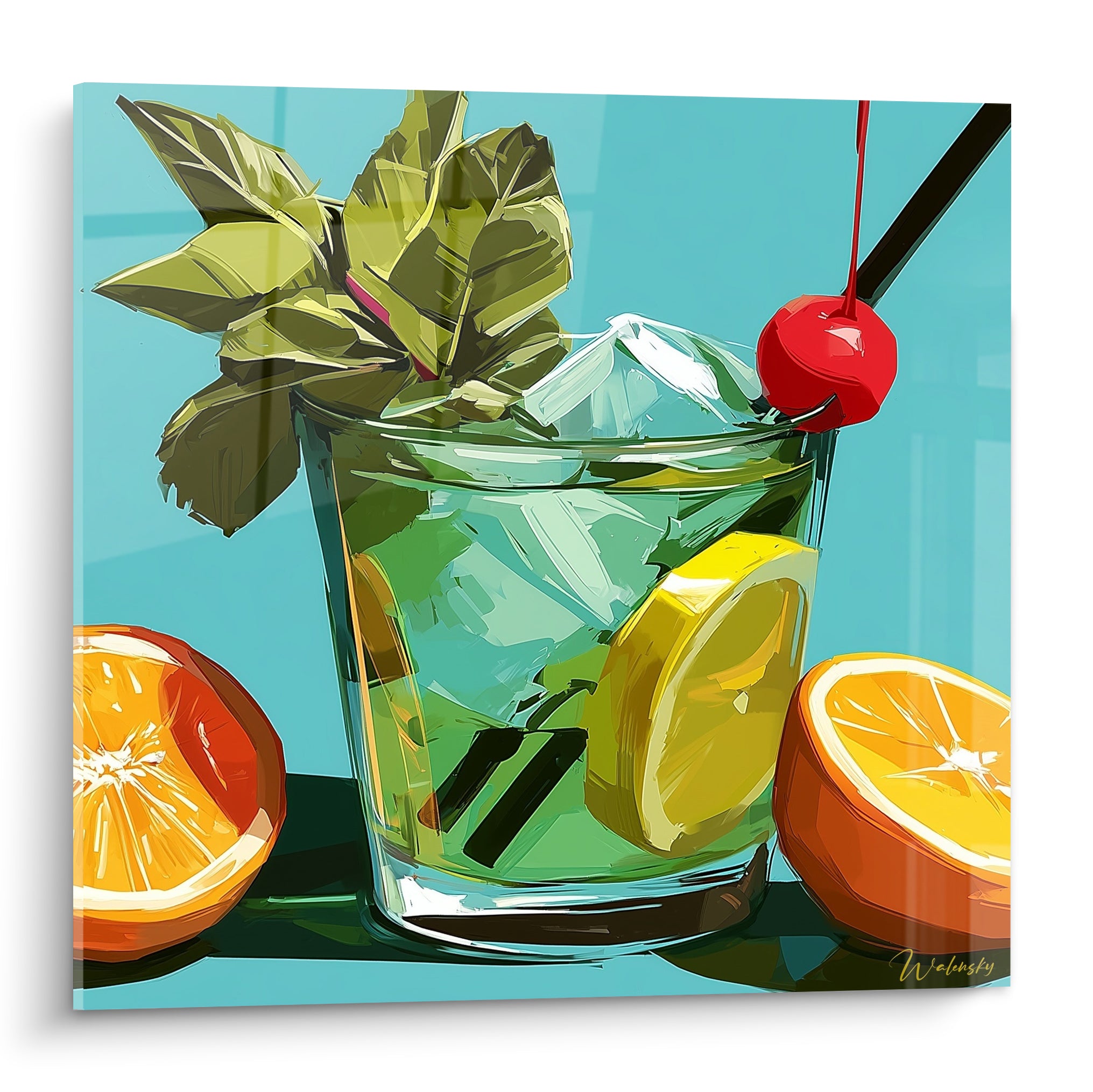 Verre de mojito turquoise et vert garni de menthe, cerise rouge et quartiers d'orange éclatants