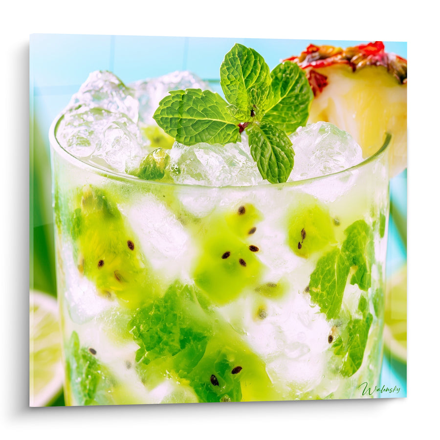 Tableau Verre vert et blanc aux graines de kiwi - Feuille de menthe fraîche - Edition Cocktail