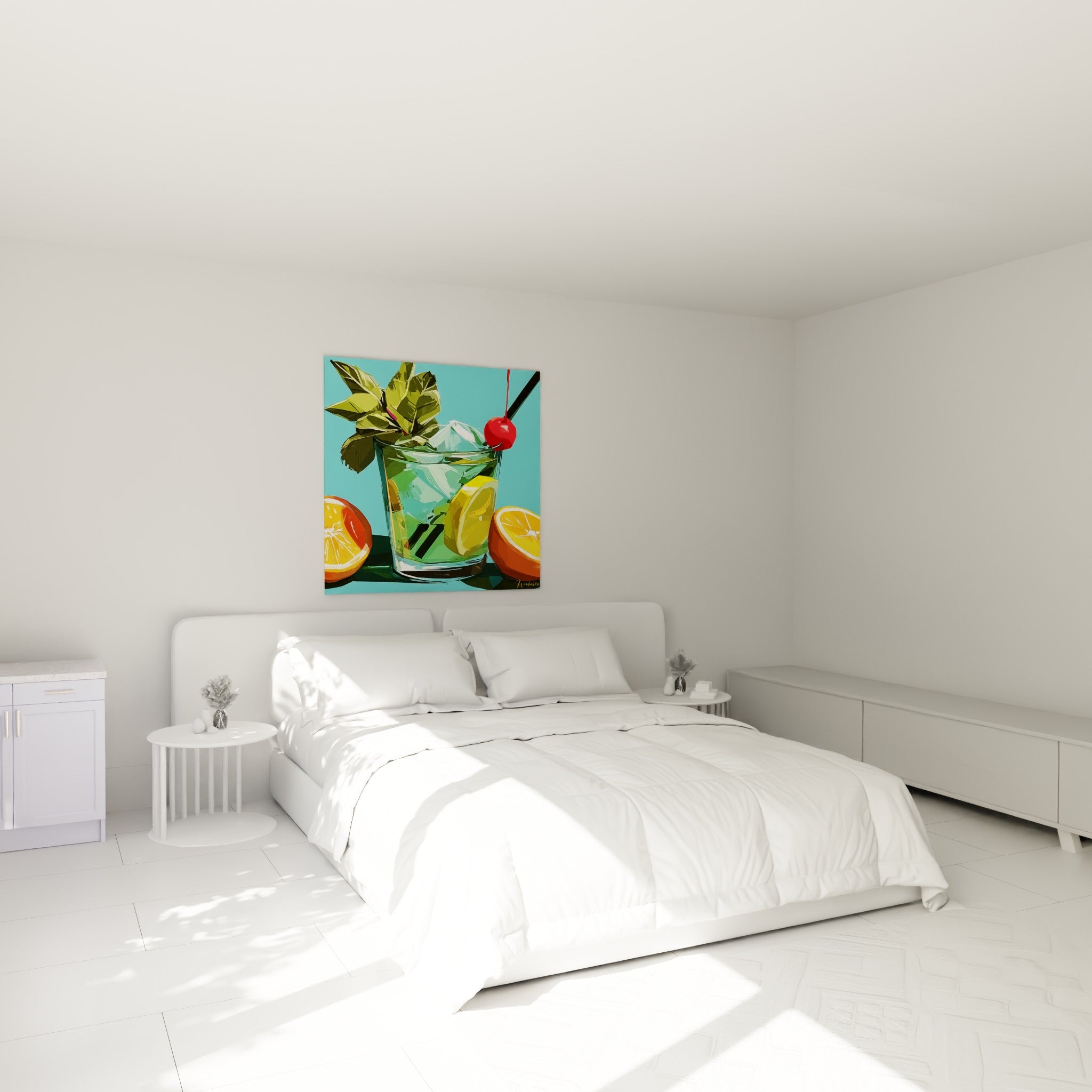 Cocktail mojito vert et orange vif accroché au-dessus d'un lit dans une chambre claire