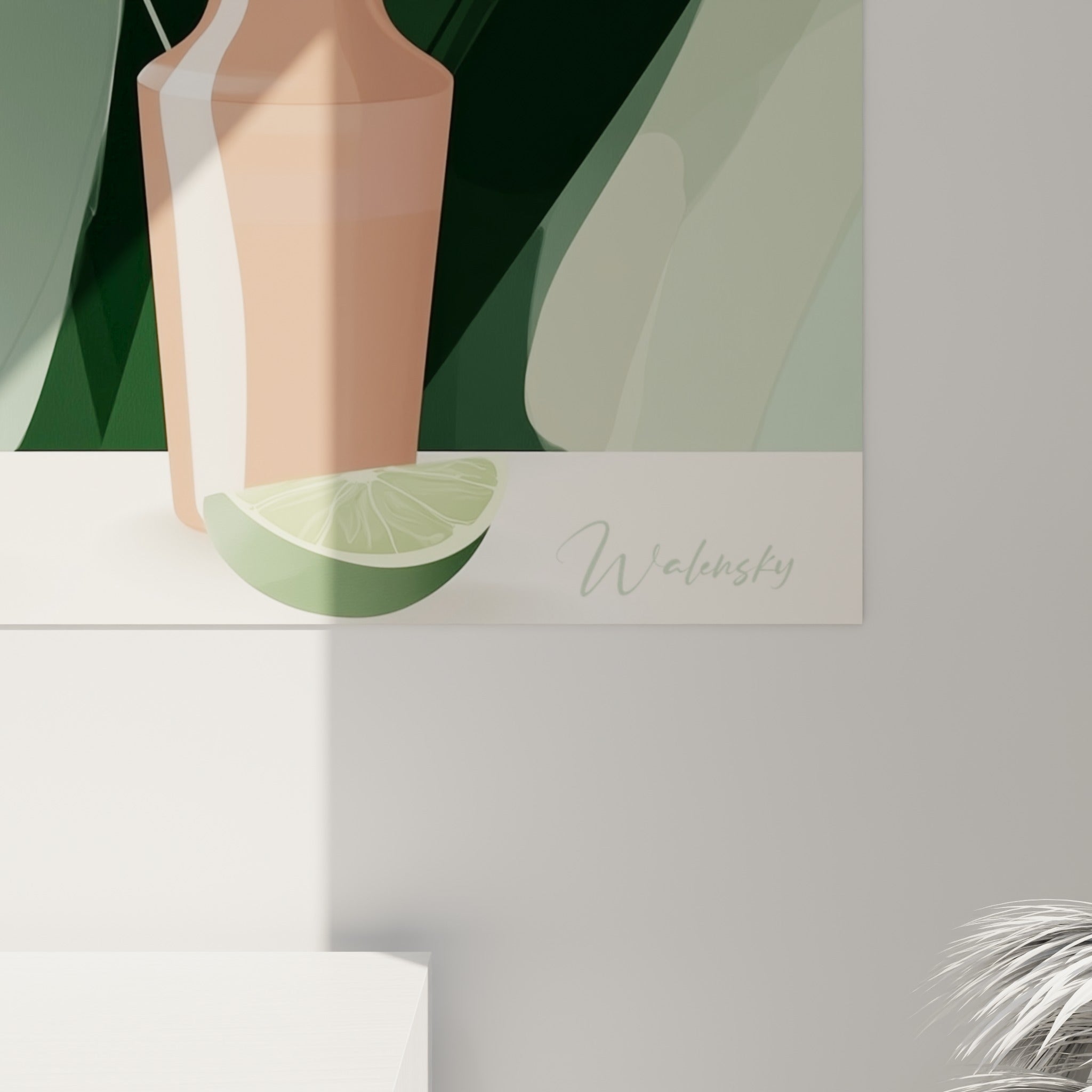 Grain de l'illustration révélant les nuances vert sauge, doré et terracotta du cocktail et du shaker