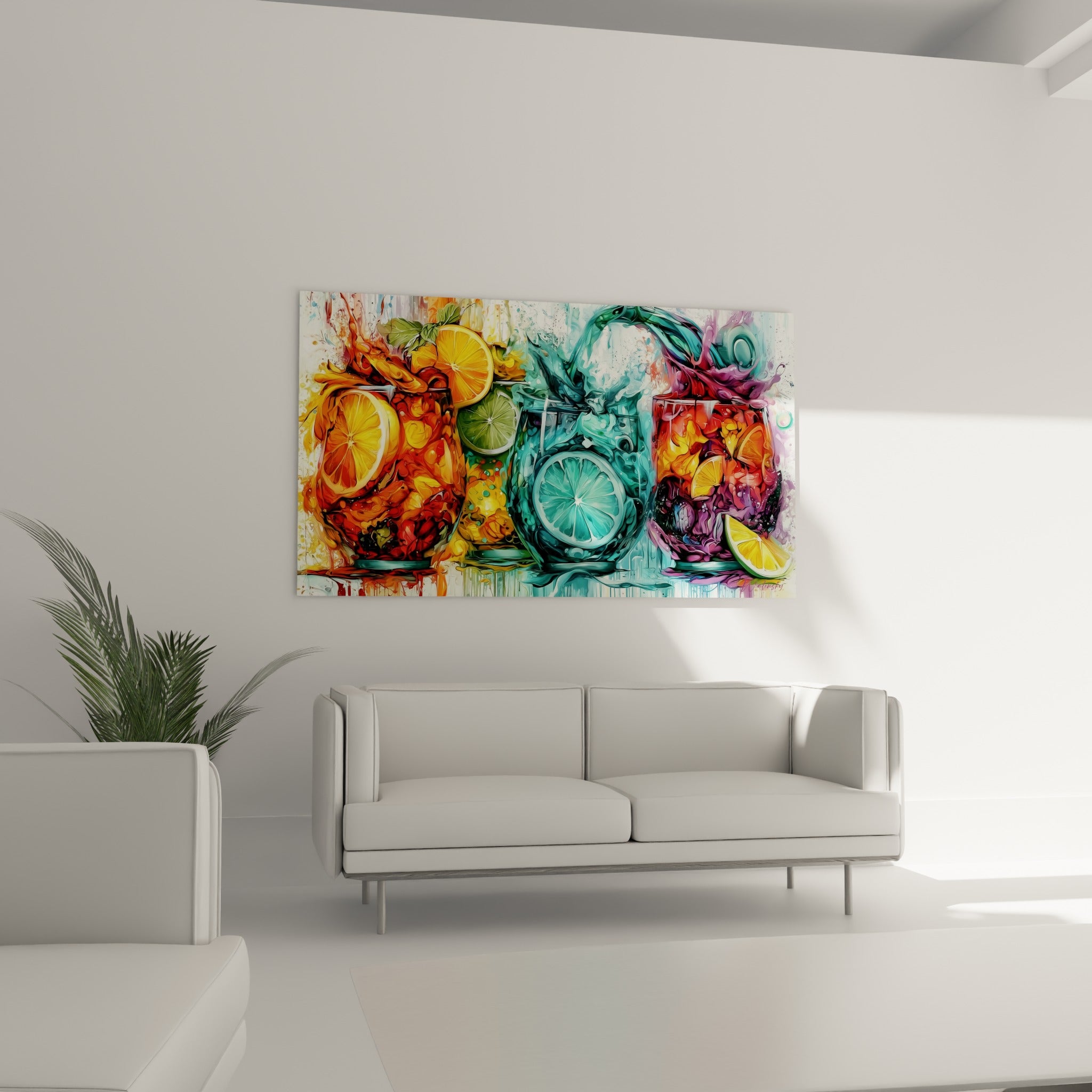 Trois cocktails colorés turquoise et orangé accrochés au-dessus d'un canapé dans un salon lumineux