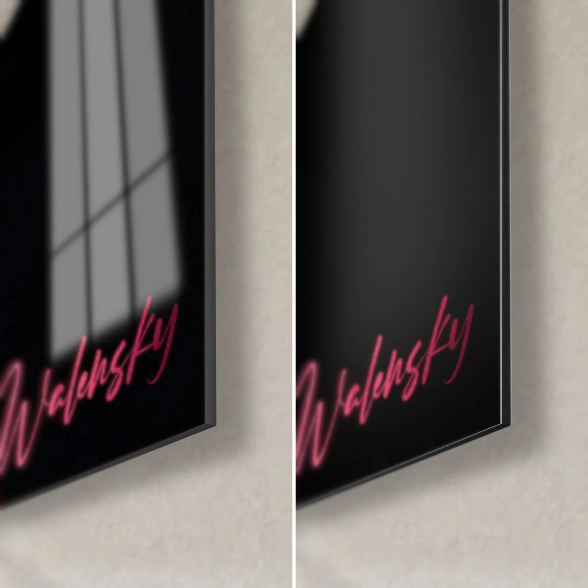 Tableau cocktail écarlate au rebord noir granuleux, coin bas droit : verre acrylique brillant à gauche, alu Dibond mat à droite, tranche de 3 mm