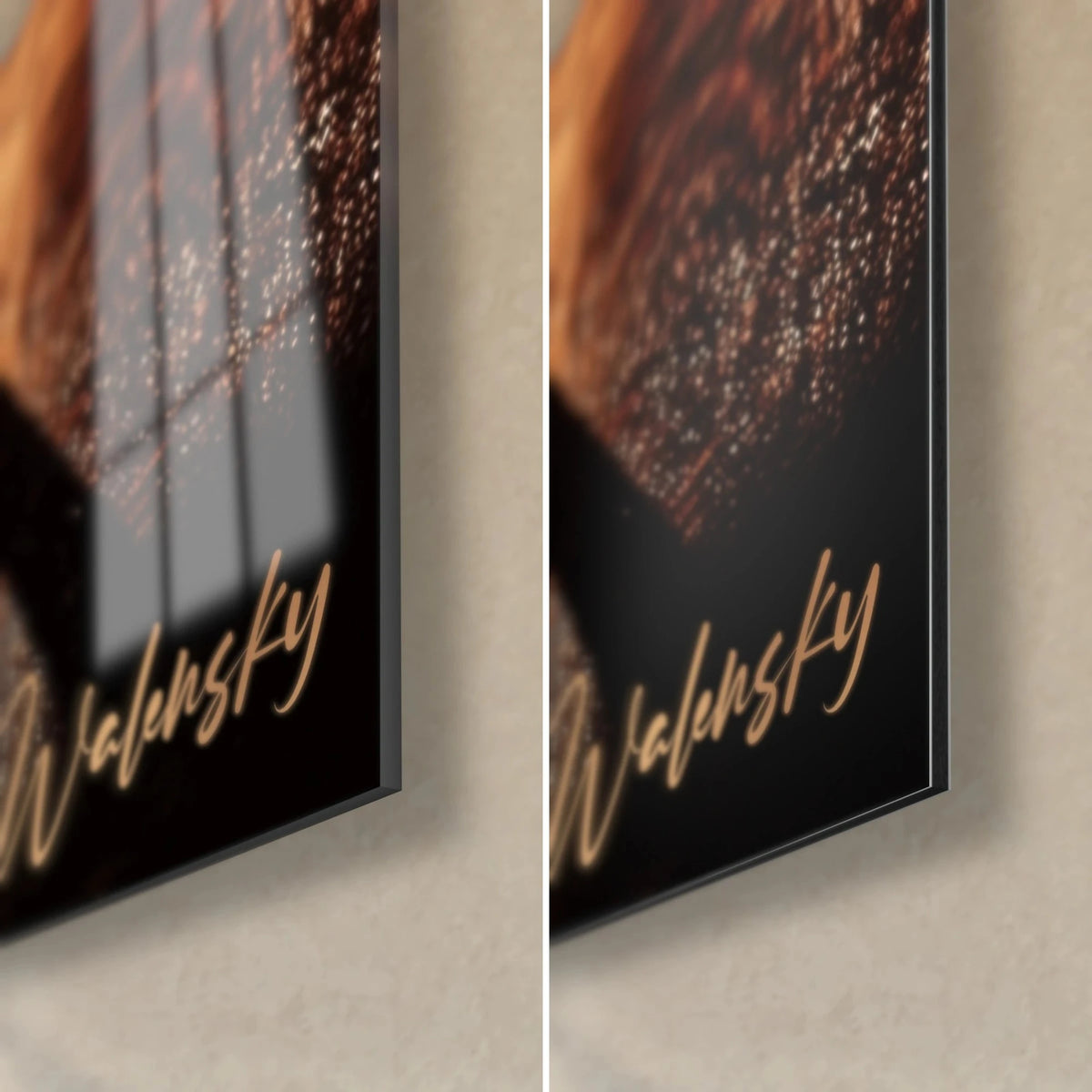 Wall art of a golden cocktail on a black background, bottom right corner: glossy glass on the left, matte beige Dibond on the right, 3 mm thick