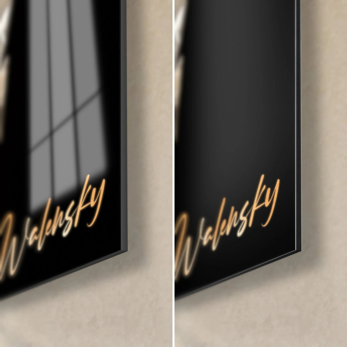 Tableau cocktail aux mûres, coin bas droit : verre acrylique brillant à gauche, Dibond noir mat à droite, signature dorée