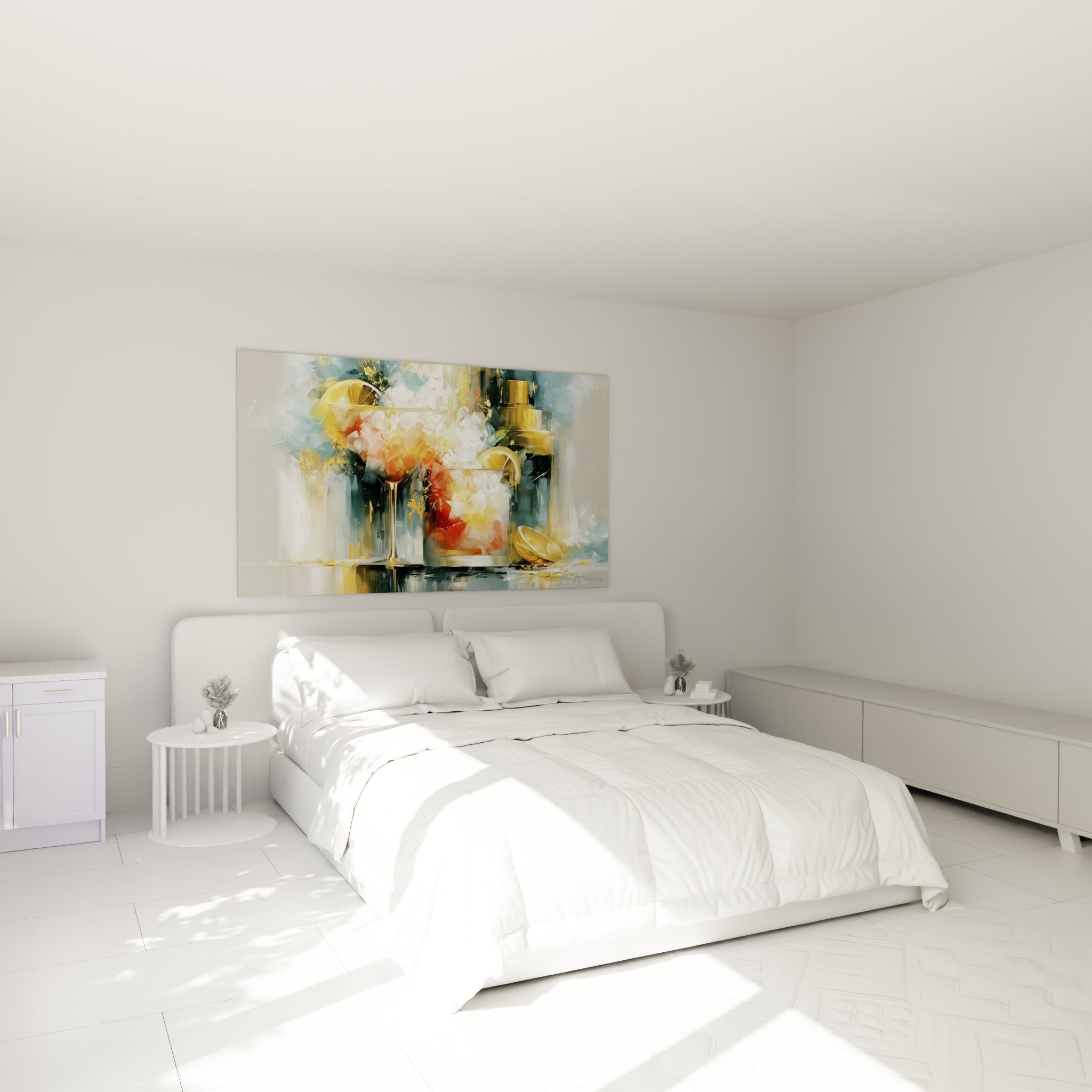 Cocktail doré et ocre peint au couteau, accroché au-dessus d'un lit dans une chambre claire
