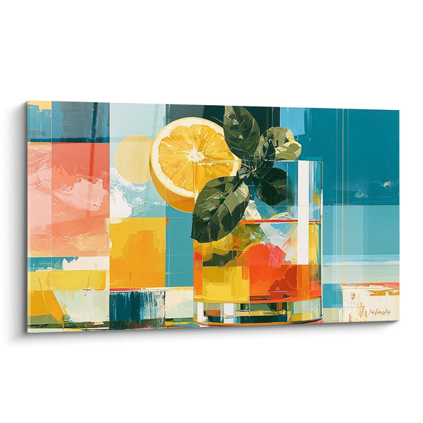 Orange and Blue Glass Artwork with Sliced Orange - Large Green Leaves - Cocktail Edition