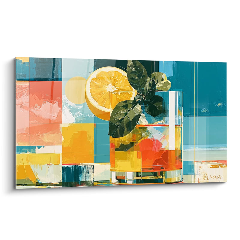Tableau Verre orange et bleu à l'orange tranchée - Grandes feuilles vertes - Edition Cocktail