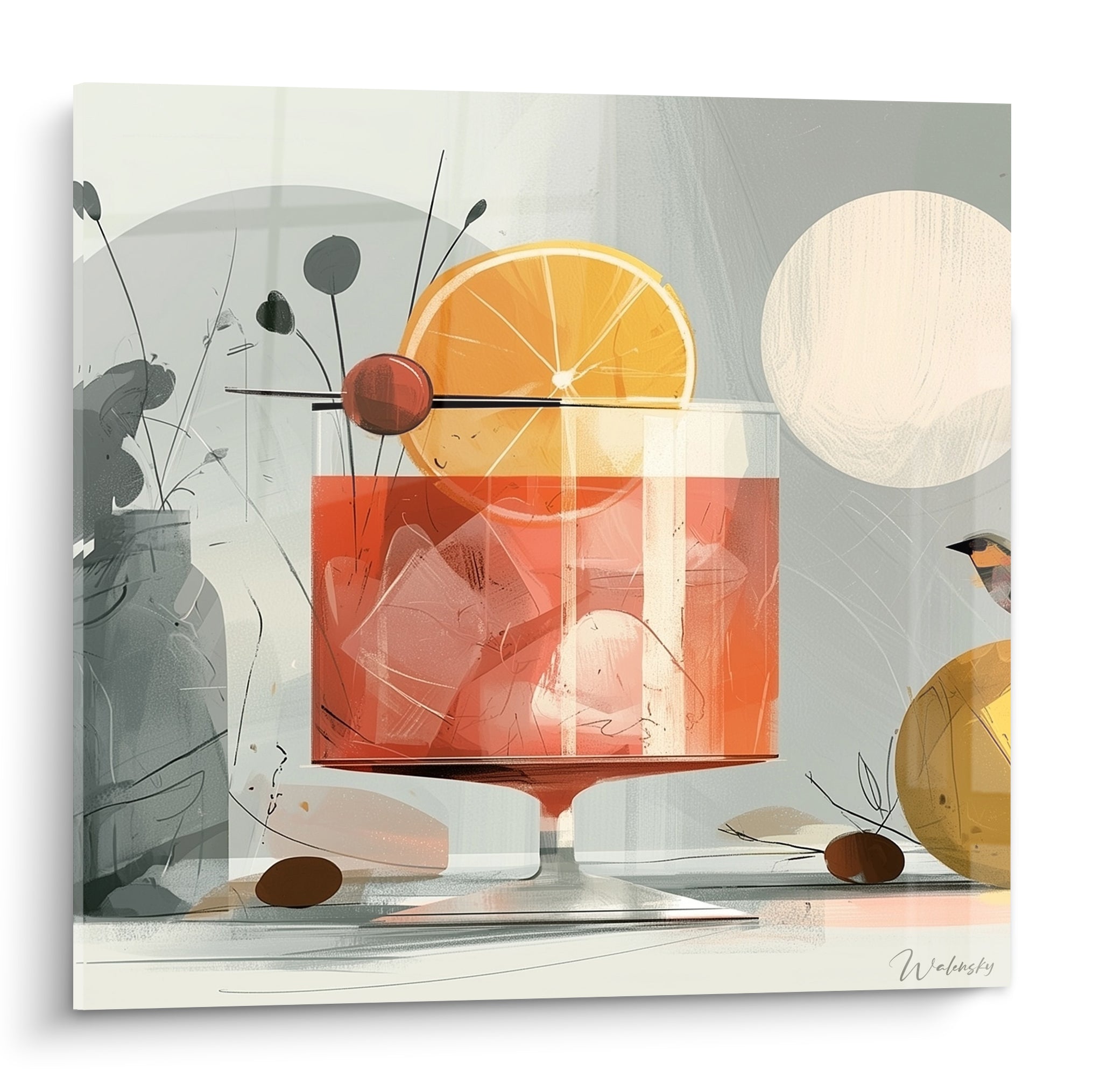 Verre au liquide orangé, cerise rouge et rondelle d'agrume sur fond gris illustré, style graphique