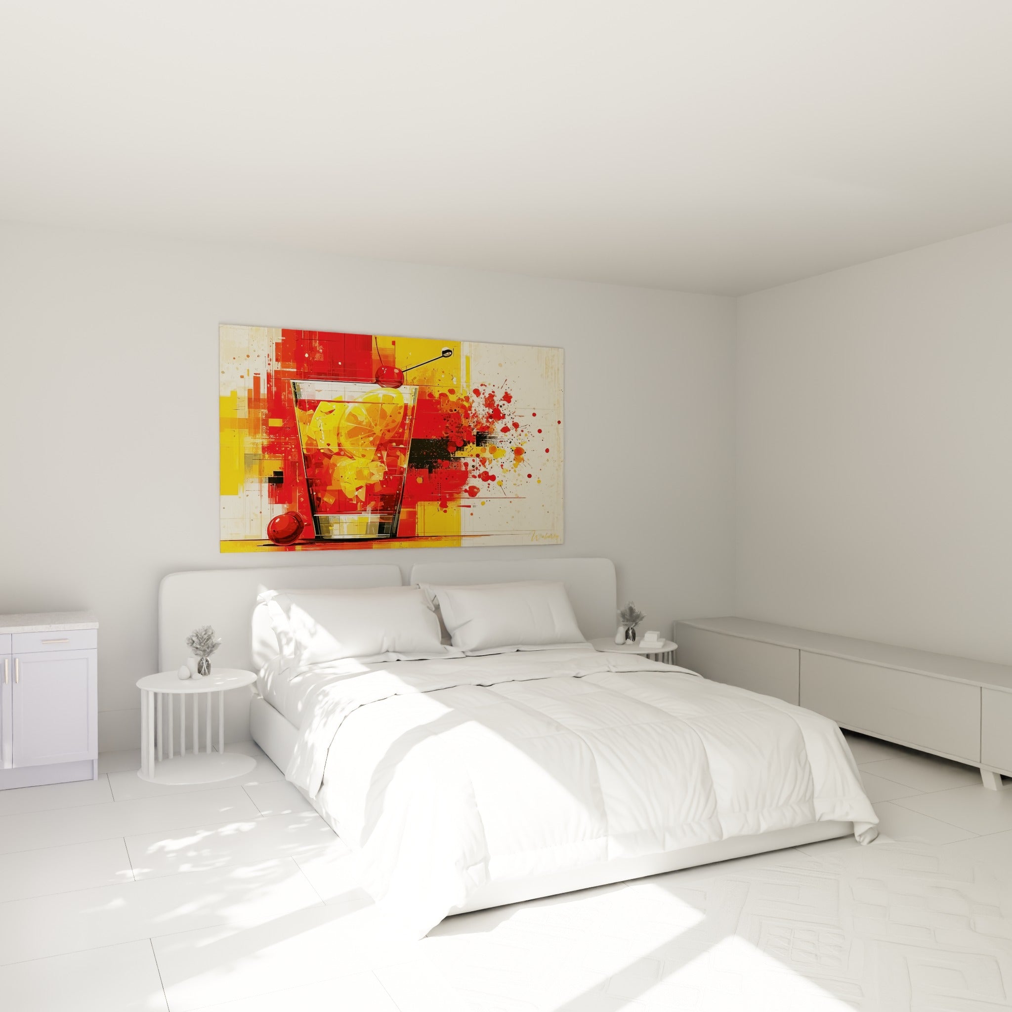 Cocktail rouge et jaune éclaboussé, cerise et citron, au-dessus d'un lit dans une chambre claire