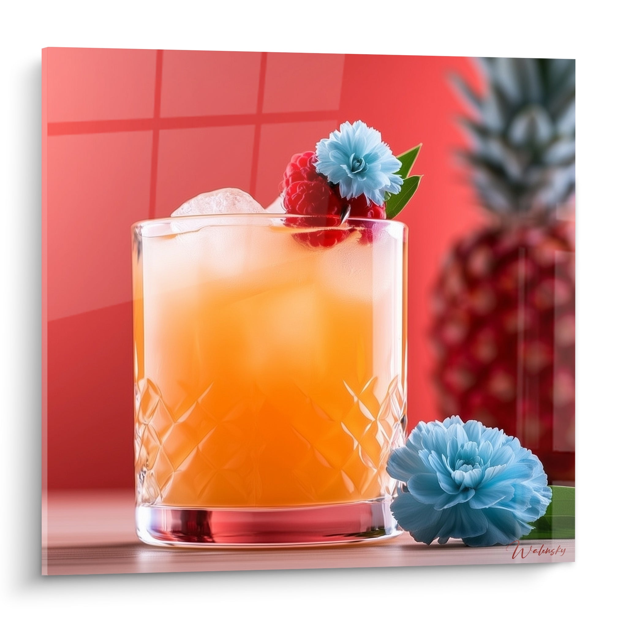 Cocktail orangé dans un verre facetté, fleur bleu pastel et framboises sur fond corail vibrant