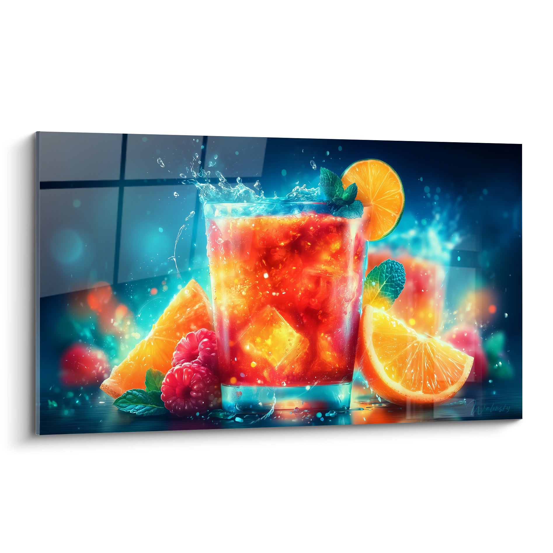 Verre orange et bleu éclaboussé d'eau glacée, entouré de framboises rouges et menthe fraîche