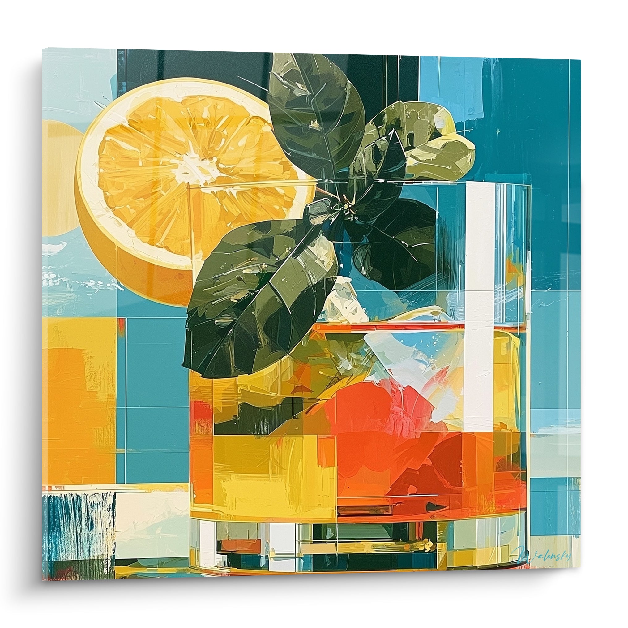 Cocktail orangé et tranche d'agrume jaune, feuillage vert sur fond bleu sarcelle graphique