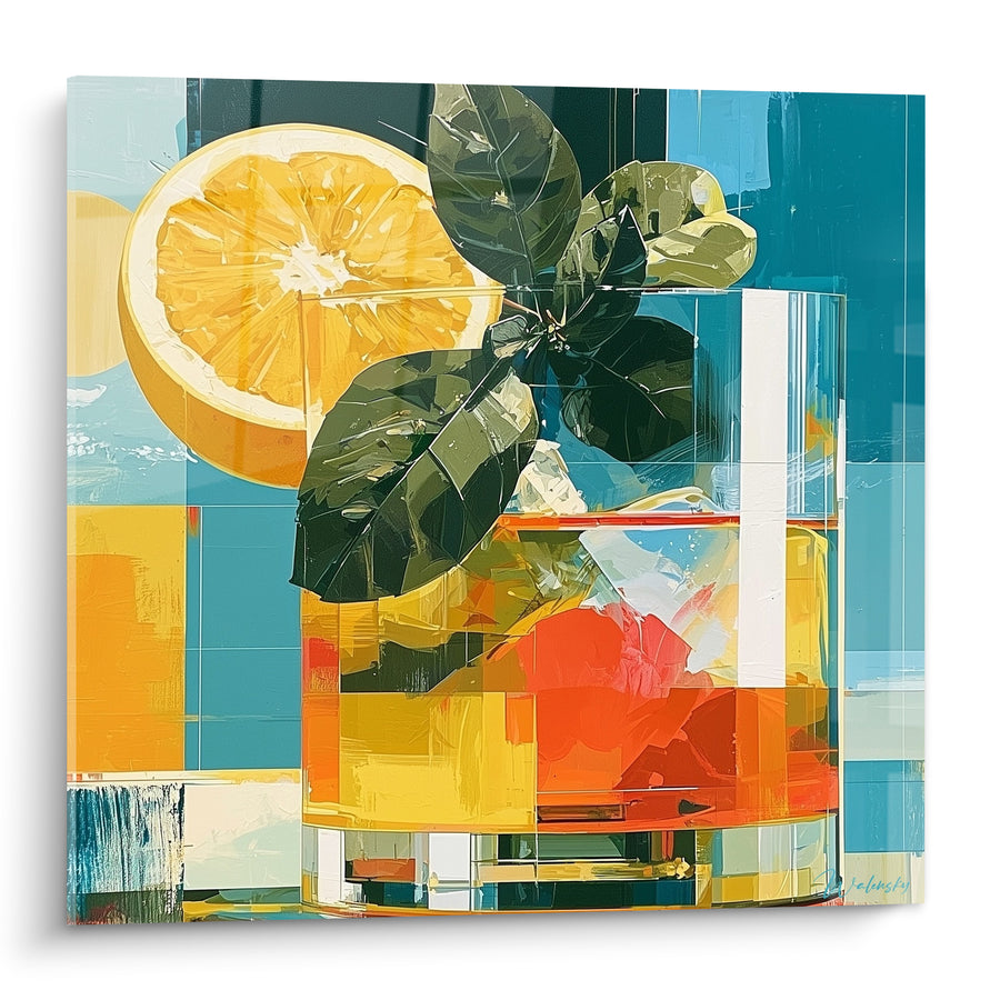 Tableau Verre orange et jaune aux grandes feuilles vertes - Demi tranche d'agrume - Edition Cocktail