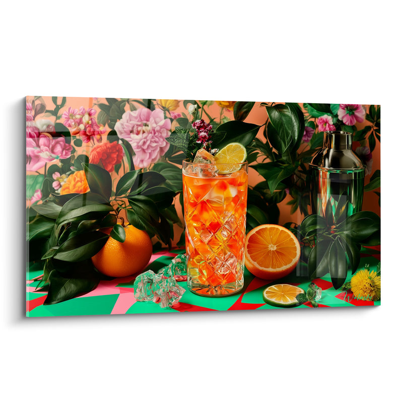 Tableau Verre taillé orange et vert à l'orange entière - Shaker doré et fleurs roses - Edition Cocktail