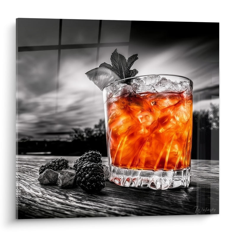 Tableau Verre orangé sur fond noir et blanc - Pause au crépuscule - Edition Cocktail